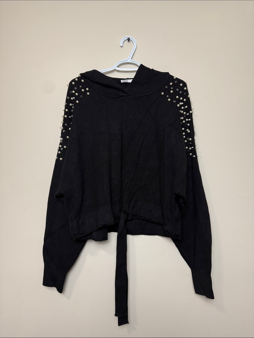 Zara Black Hooded Knit Top with Pearl Studs size M